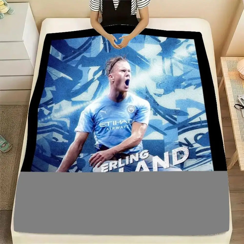 Erling Haaland Manchester City Soccer Player Blanket - Soft and Cozy Fleece Throw, Vibrant Light Blue and White Design, Perfect