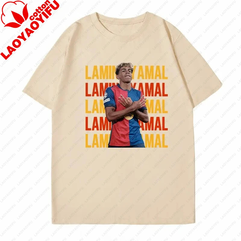 Soccer Barcelona Yamal Short Sleeve T-Shirt Yamal Celebrates Spanish Men's Casual Plus Size Summer