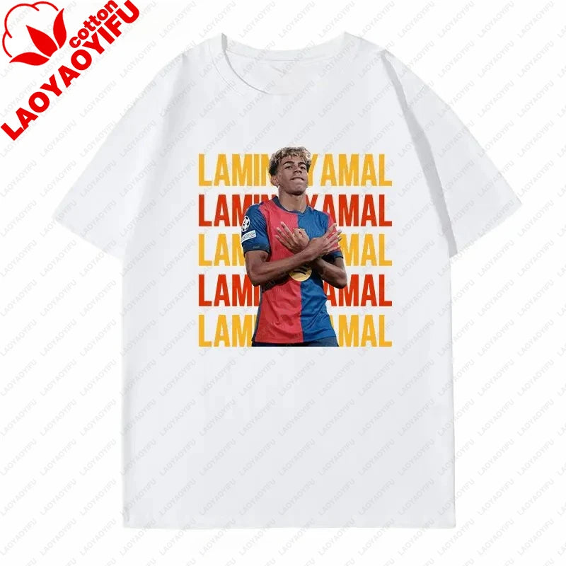 Soccer Barcelona Yamal Short Sleeve T-Shirt Yamal Celebrates Spanish Men's Casual Plus Size Summer