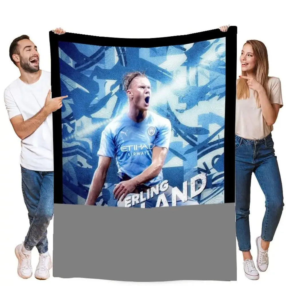 Erling Haaland Manchester City Soccer Player Blanket - Soft and Cozy Fleece Throw, Vibrant Light Blue and White Design, Perfect