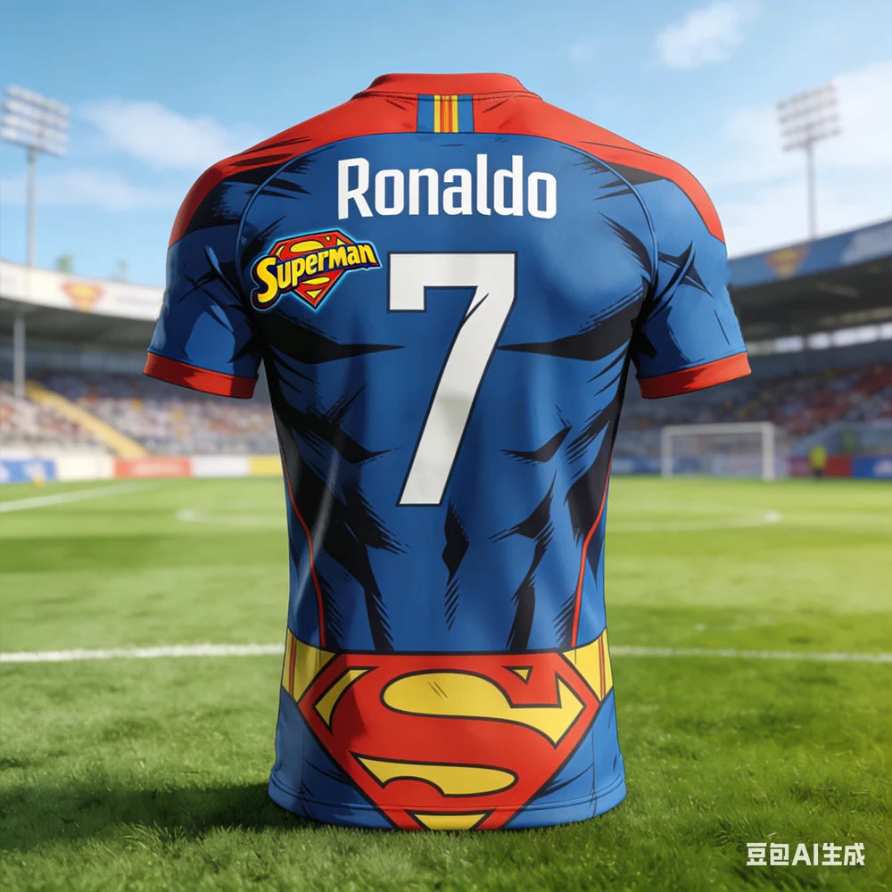 Ronaldo #7 AI-generated Superman Soccer Jersey 2026 Men's Breathable Children's Clothing Short Sleeve Football Fan Tee