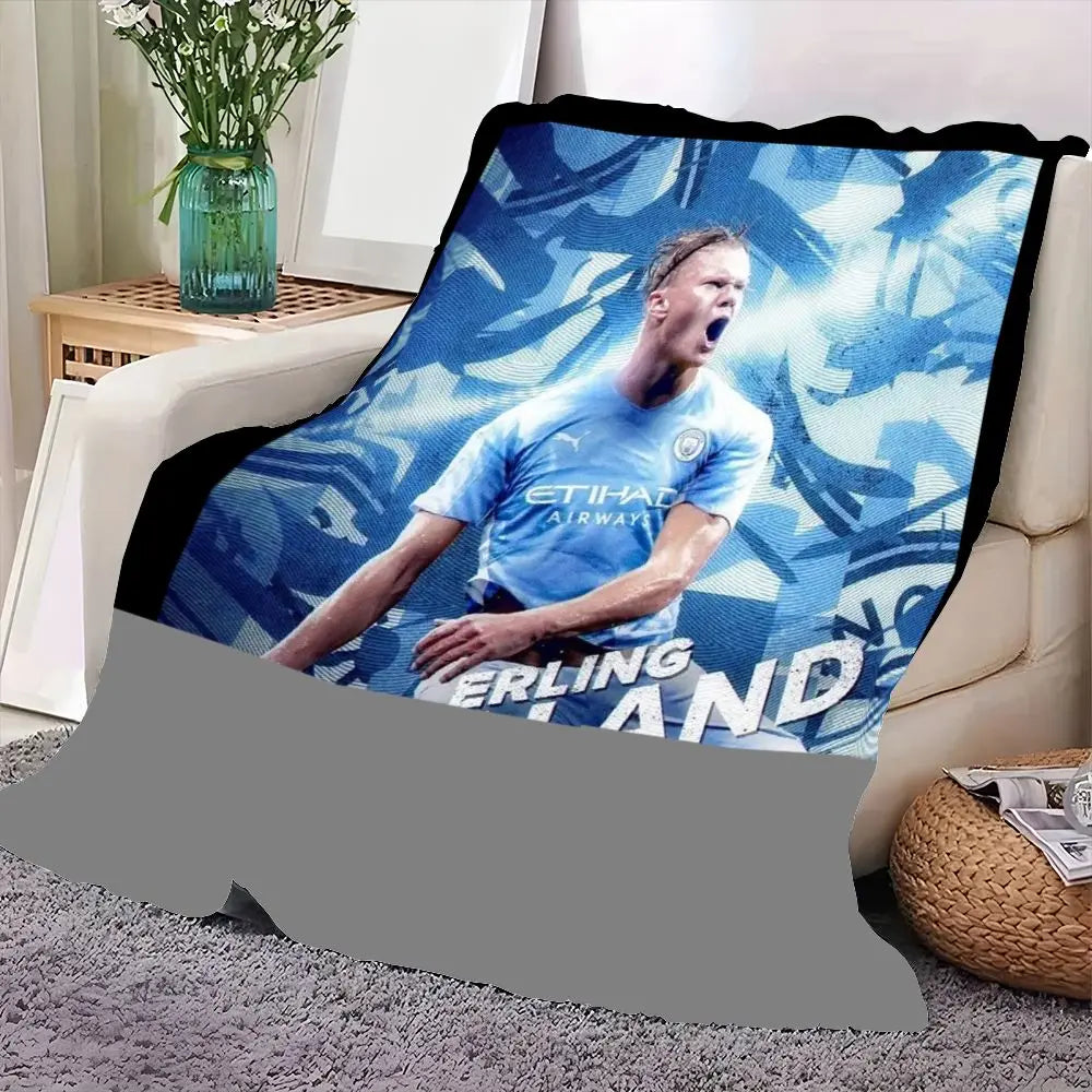 Erling Haaland Manchester City Soccer Player Blanket - Soft and Cozy Fleece Throw, Vibrant Light Blue and White Design, Perfect