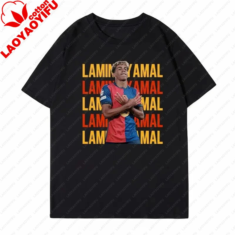 Soccer Barcelona Yamal Short Sleeve T-Shirt Yamal Celebrates Spanish Men's Casual Plus Size Summer