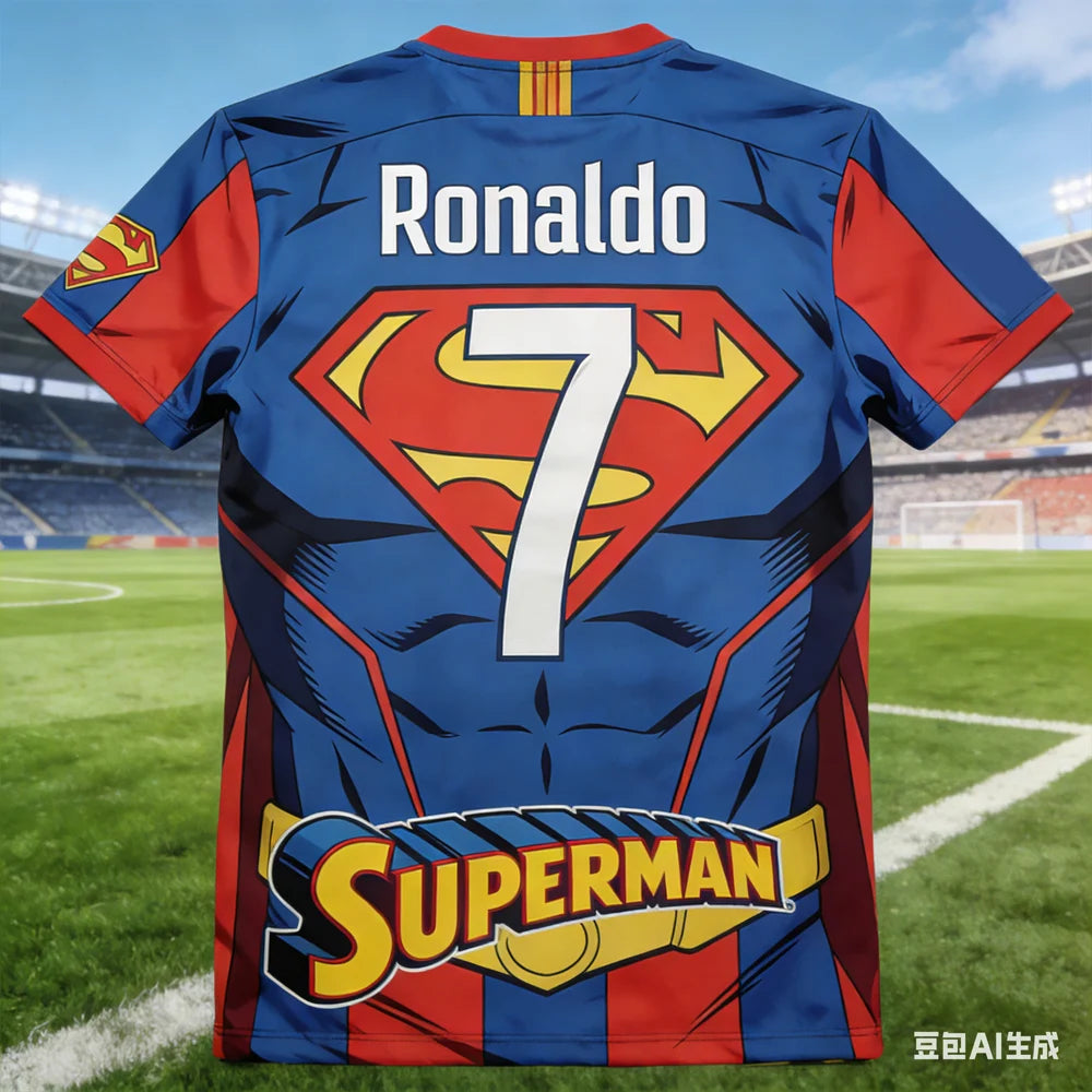 Ronaldo #7 AI-generated Superman Soccer Jersey 2026 Men's Breathable Children's Clothing Short Sleeve Football Fan Tee