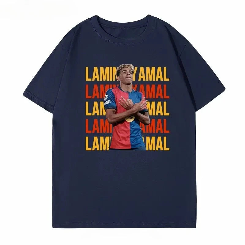 Soccer Barcelona Yamal Short Sleeve T-Shirt Yamal Celebrates Spanish Men's Casual Plus Size Summer