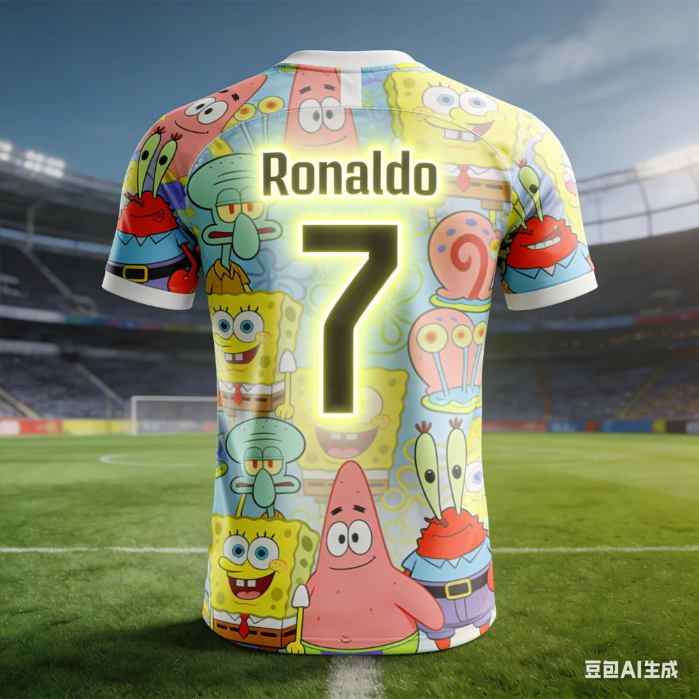Ronaldo #7 AI-generated SpongeBob Soccer Jersey 2026 Men's  Breathable Children's Clothing Short Sleeve Football Fan Tee