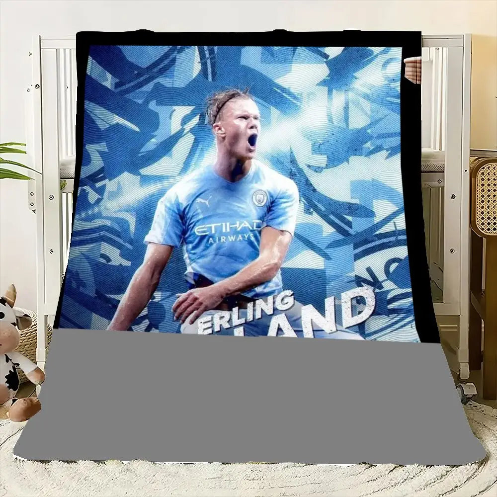 Erling Haaland Manchester City Soccer Player Blanket - Soft and Cozy Fleece Throw, Vibrant Light Blue and White Design, Perfect