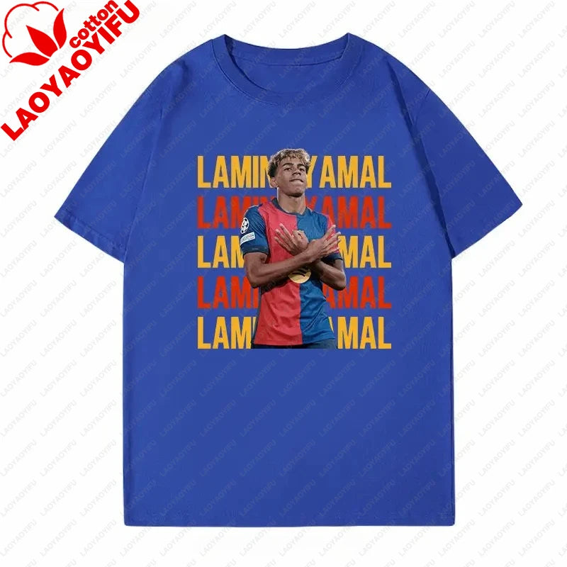 Soccer Barcelona Yamal Short Sleeve T-Shirt Yamal Celebrates Spanish Men's Casual Plus Size Summer