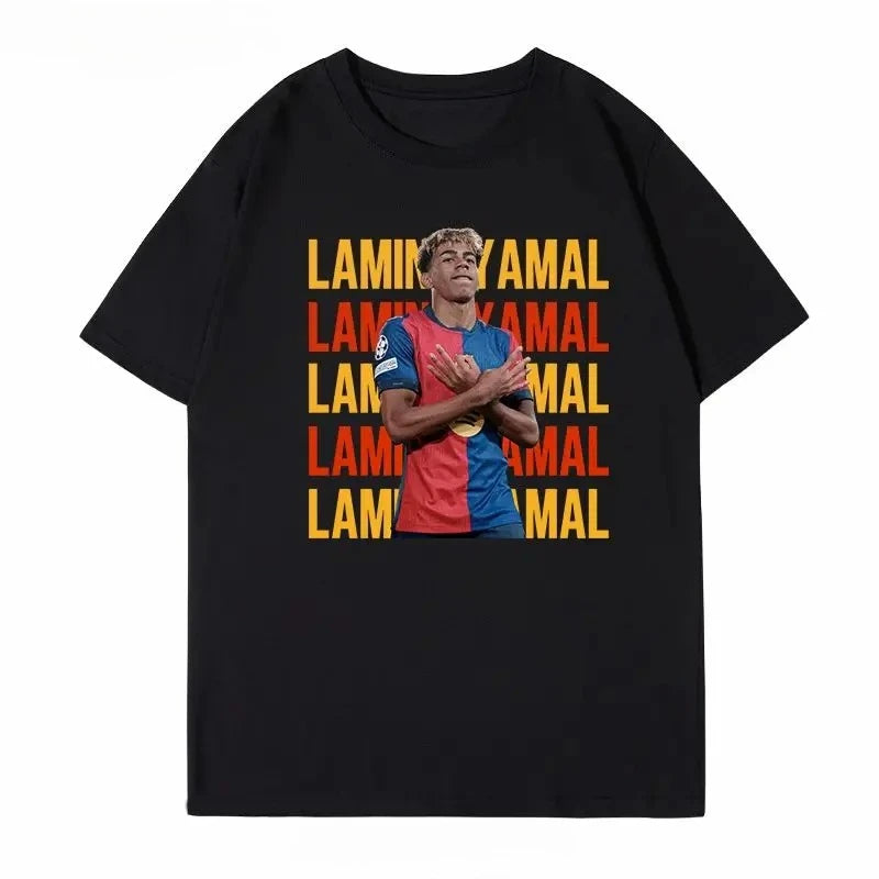 Soccer Barcelona Yamal Short Sleeve T-Shirt Yamal Celebrates Spanish Men's Casual Plus Size Summer