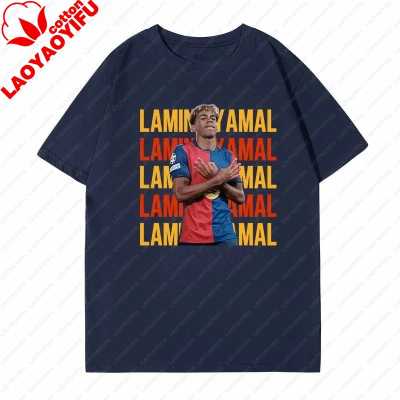 Soccer Barcelona Yamal Short Sleeve T-Shirt Yamal Celebrates Spanish Men's Casual Plus Size Summer
