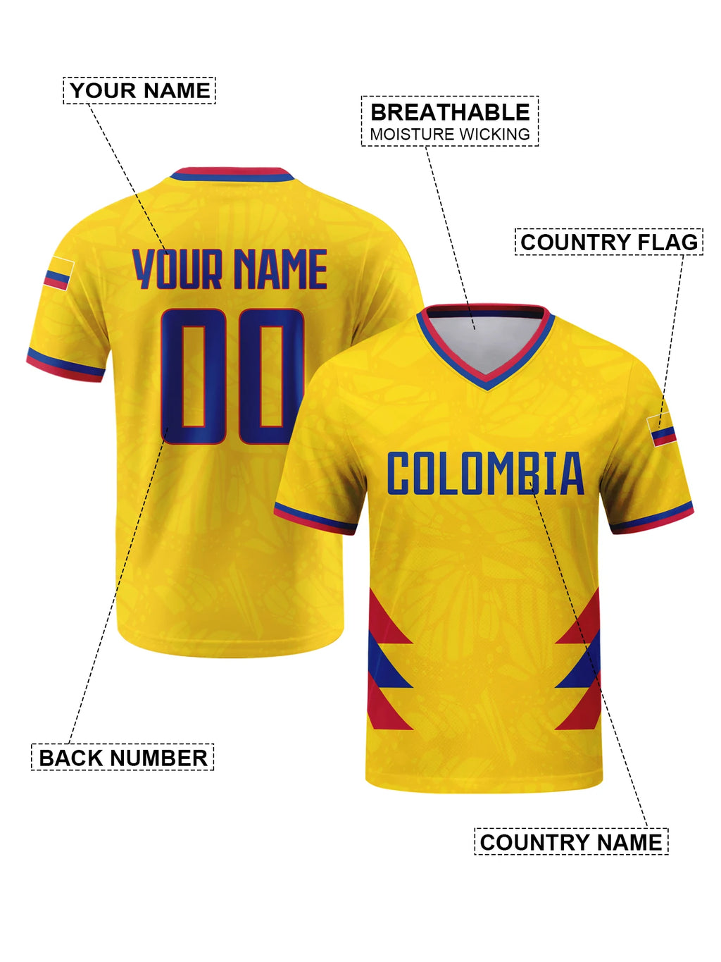Custom Colombia Soccer Jersey Personalized Name Number Breathable V-neck Football National Team Shirt for Men Youth Women