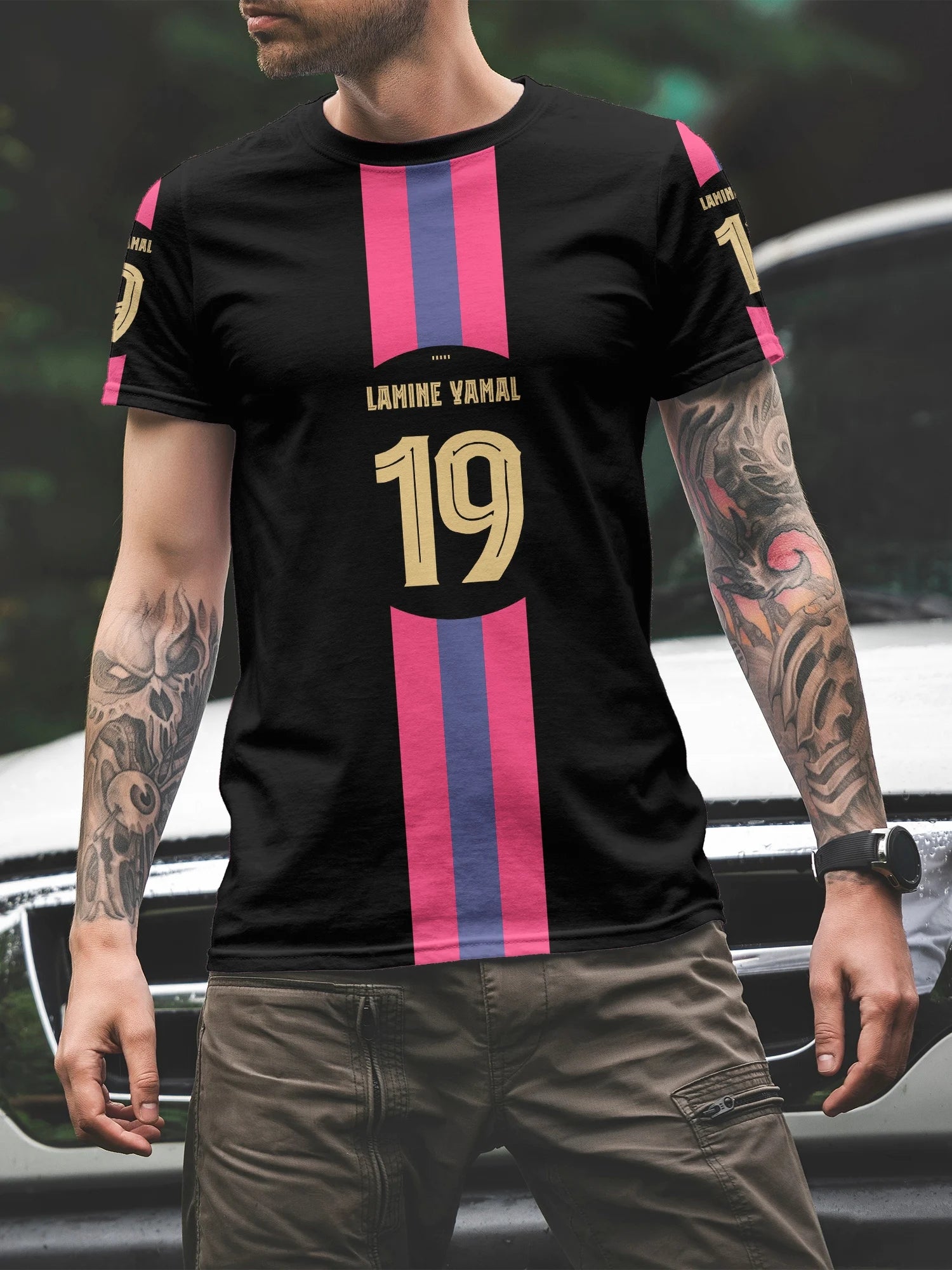Men's Short-Sleeve T-Shirt – Lamine Yamal 19 Graphic Print,Pink & Blue Split Design, Ideal for Casual Daily Wear & Football Fans